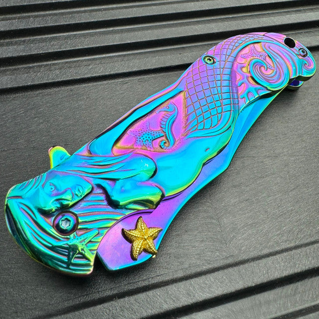 9" RAINBOW MERMAID OCEAN SPRING ASSISTED FOLDING KNIFE Blade Pocket Sea Fantasy