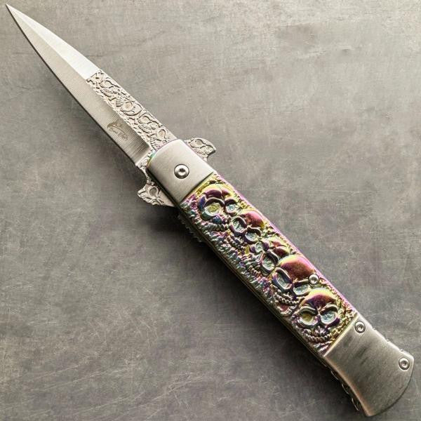 9" Rainbow Skull Spring Open Assisted Tactical EDC Folding Pocket Knife