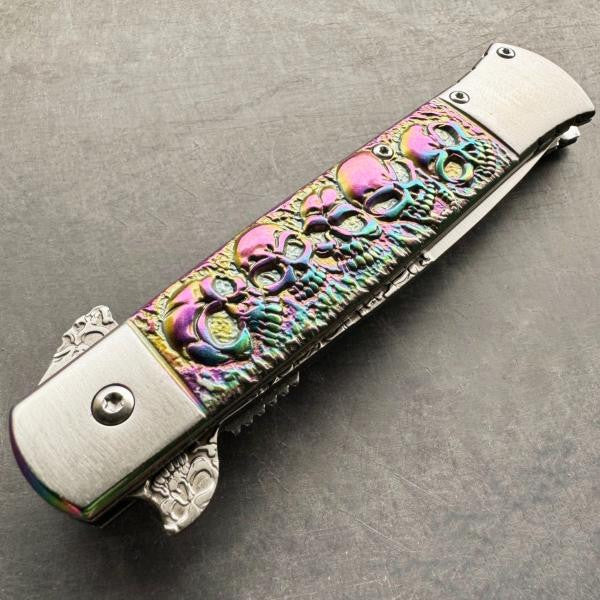 9" Rainbow Skull Spring Open Assisted Tactical EDC Folding Pocket Knife