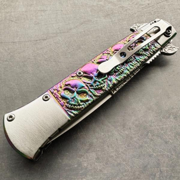 9" Rainbow Skull Spring Open Assisted Tactical EDC Folding Pocket Knife