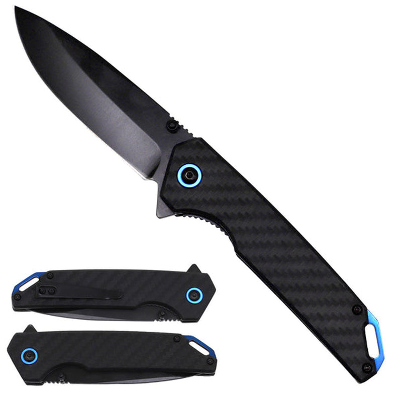 Black Pocket Knife – Carbon Fiber Handle, Ball Bearing Assisted Knife