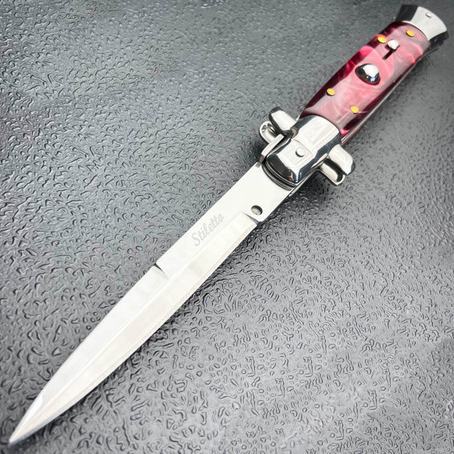 Marble Red Italian Stiletto Switch Blade Pocket Knife - BLADE ADDICT