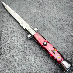 Marble Red Italian Stiletto Switch Blade Pocket Knife - BLADE ADDICT