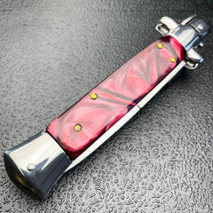 Marble Red Italian Stiletto Switch Blade Pocket Knife - BLADE ADDICT