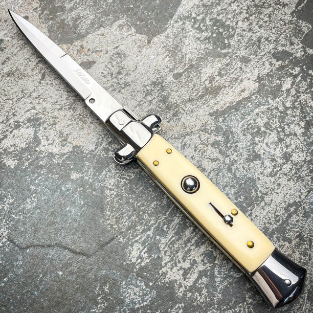 Ivory Italian Stiletto Switch Blade Pocket Knife - BLADE ADDICT