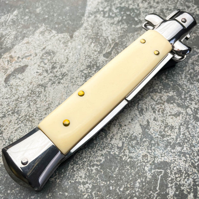 Ivory Italian Stiletto Switch Blade Pocket Knife - BLADE ADDICT