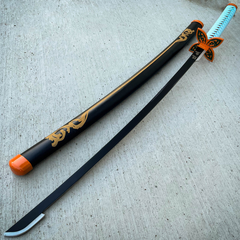 41" Demon Slayer Sword Bamboo wooden blade Katana Samurai cosplay For Anime Black w/ Orange + Baby Blue - BLADE ADDICT