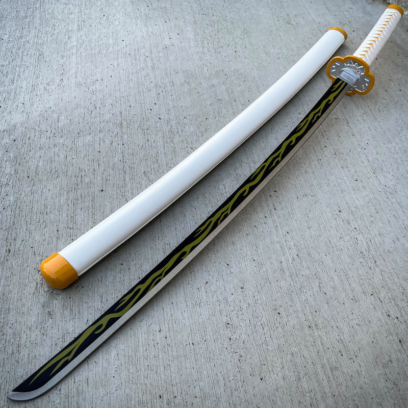 41" Demon Slayer Sword Bamboo wooden blade Katana Samurai cosplay For Anime White w/ Yellow - BLADE ADDICT