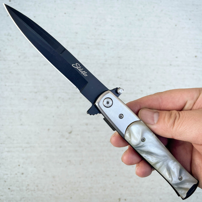 9" Italian Milano Stiletto Tactical Spring Assisted Open Pocket Knife Pearl - BLADE ADDICT