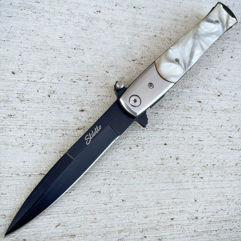 9" Italian Milano Stiletto Tactical Spring Assisted Open Pocket Knife Pearl - BLADE ADDICT