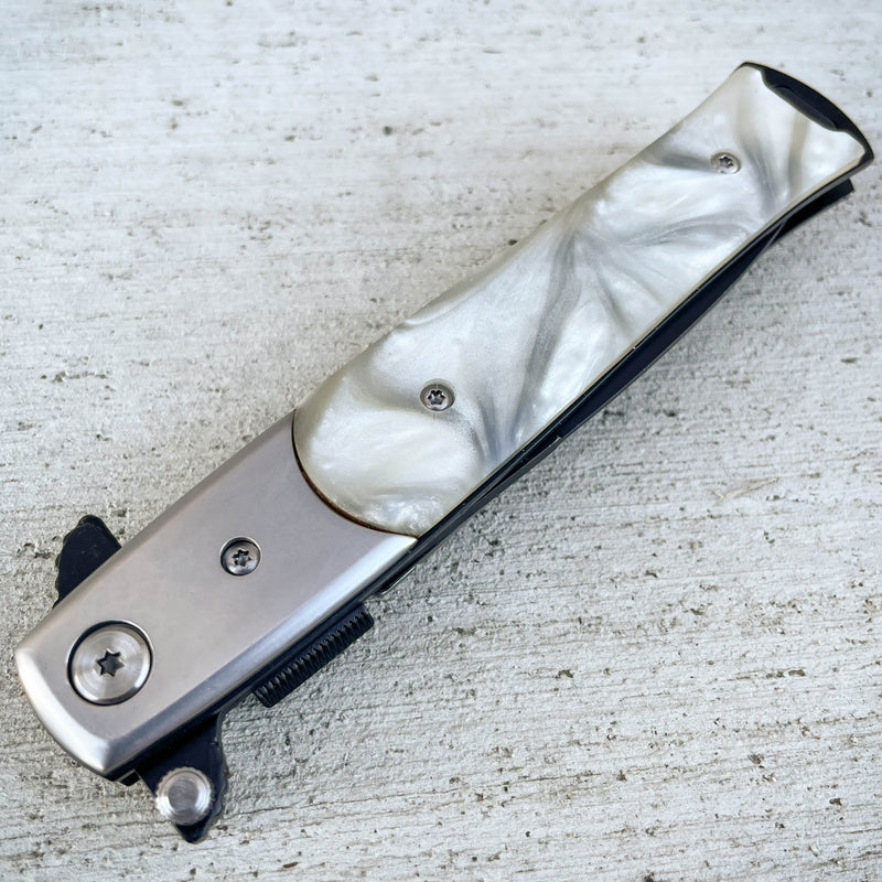 9" Italian Milano Stiletto Tactical Spring Assisted Open Pocket Knife Pearl - BLADE ADDICT