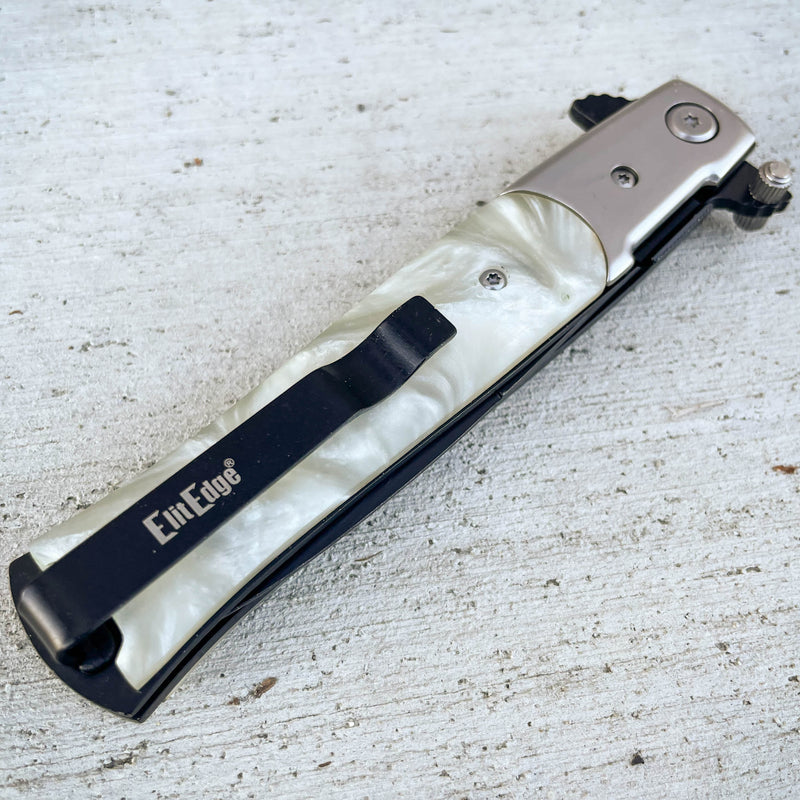9" Italian Milano Stiletto Tactical Spring Assisted Open Pocket Knife Pearl - BLADE ADDICT