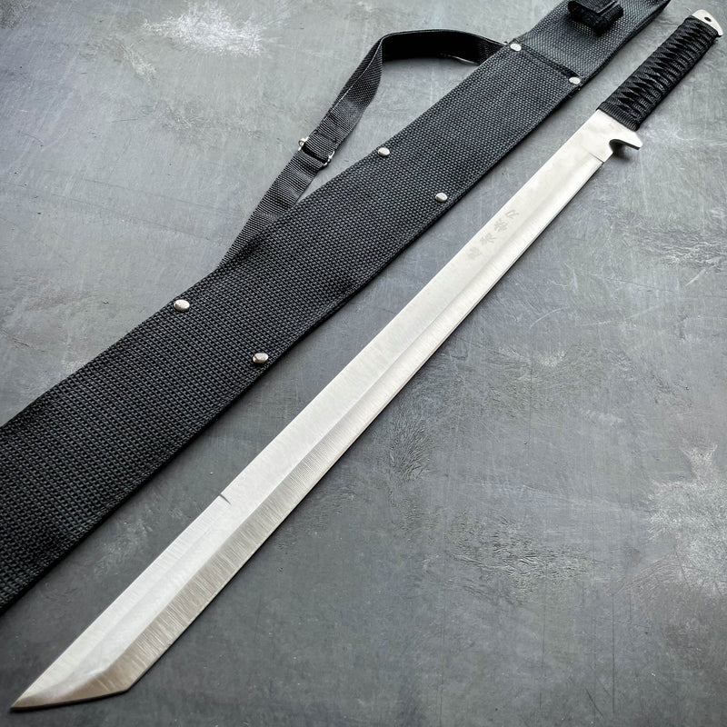 26" Silver Full Tang Ninja Machete Sword Tactical Fixed Blade Katana w/ Sheath - BLADE ADDICT