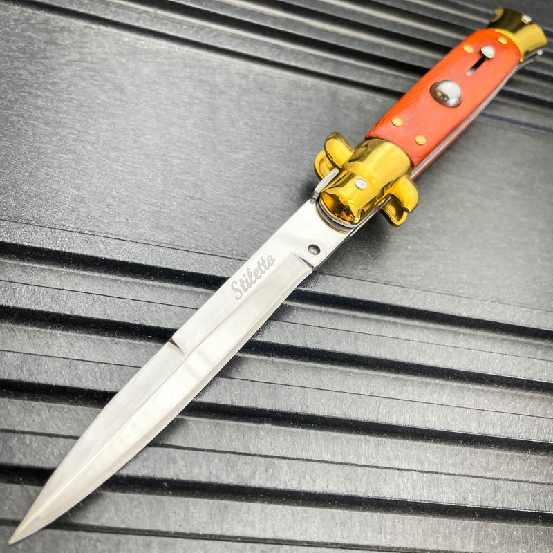 8.75" Classic Italian Stiletto Switch Blade Pocket Knife Gold Wood - BLADE ADDICT
