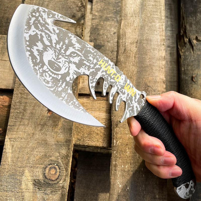 11.5" Outdoor Camping Survival Fixed Blade Tomahawk Wolf Etch Axe Hatchet Knife - BLADE ADDICT