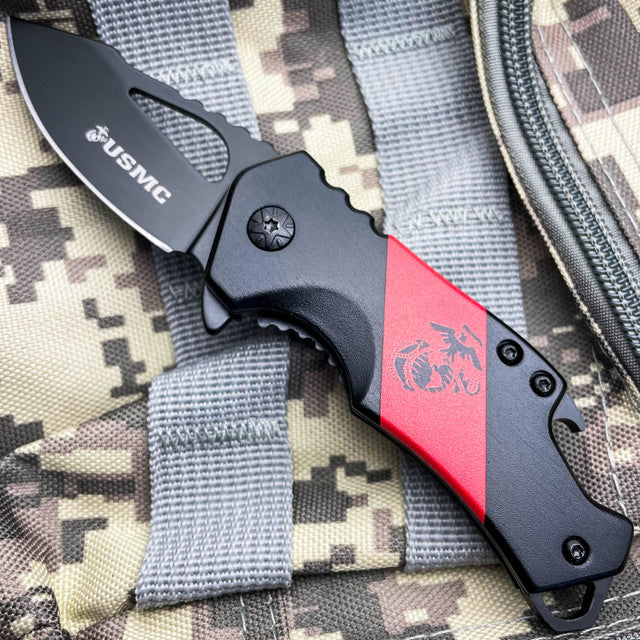 USMC Military Marines Tactical Spring Assisted Open Pocket Knife Bottle Opener