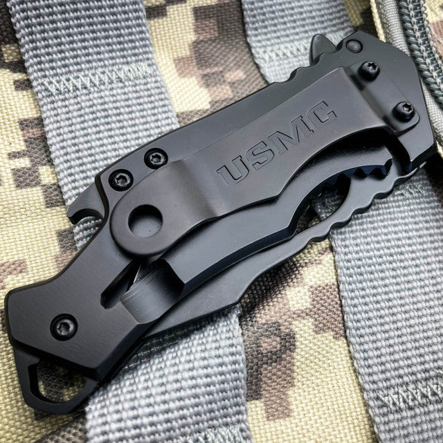 USMC Military Marines Tactical Spring Assisted Open Pocket Knife Bottle Opener