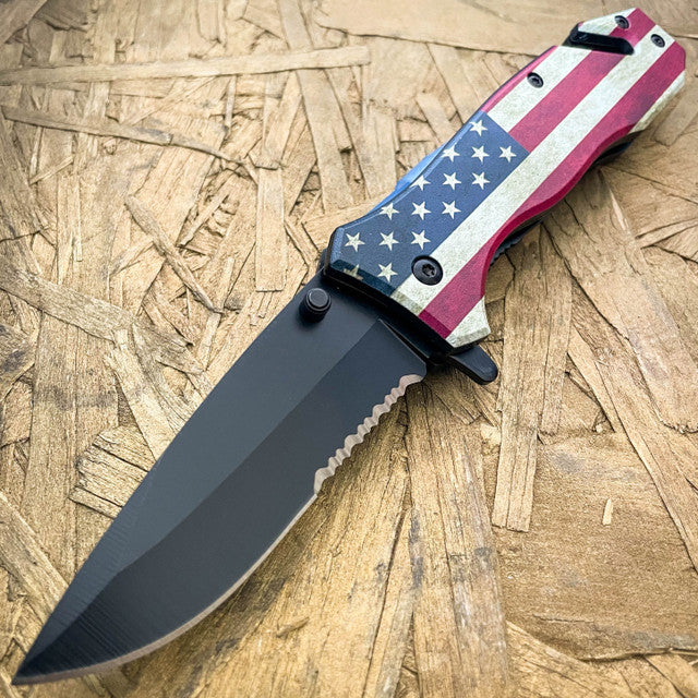 8" Military Tactical USA Flag Spring Assisted Folding Rescue Pocket Knife