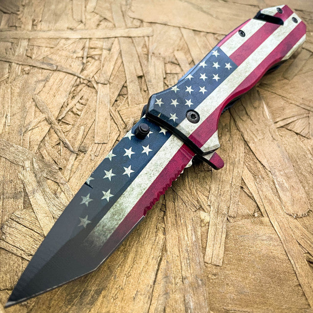 8" Military Tactical USA Flag Spring Assisted Folding Rescue Pocket Knife
