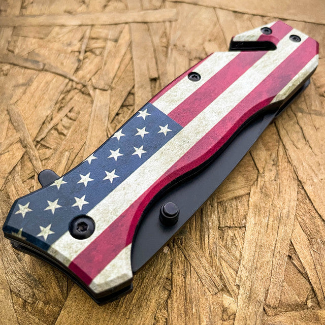 8" Military Tactical USA Flag Spring Assisted Folding Rescue Pocket Knife