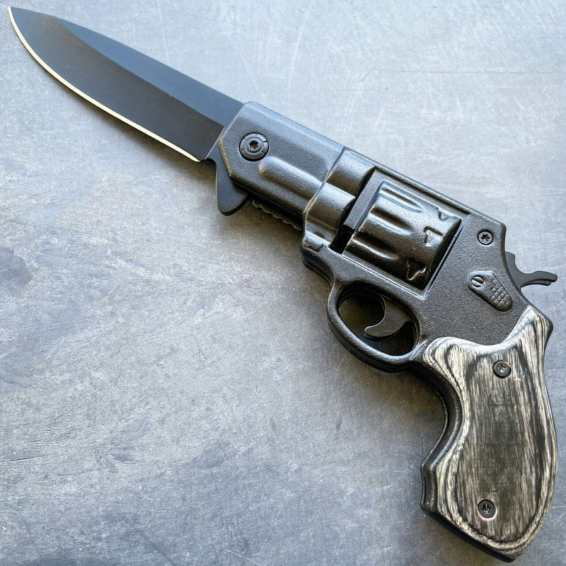 Revolver Spring Assisted Pocket Knife Black w/ Black Wood - BLADE ADDICT