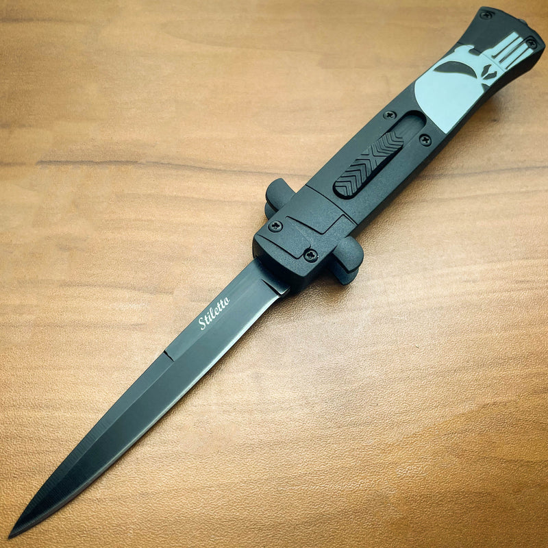 9" Stiletto OTF (Choose One) Black Skull - BLADE ADDICT