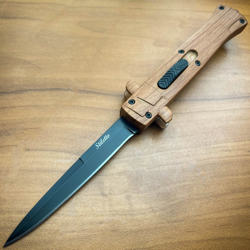 9" Stiletto OTF (Choose One) Brown Wood - BLADE ADDICT