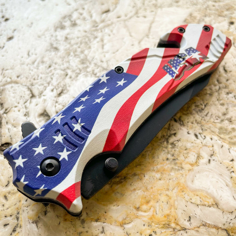 8" USA American Flag Spring Assisted Open Folding Rescue Camping Pocket Knife - BLADE ADDICT