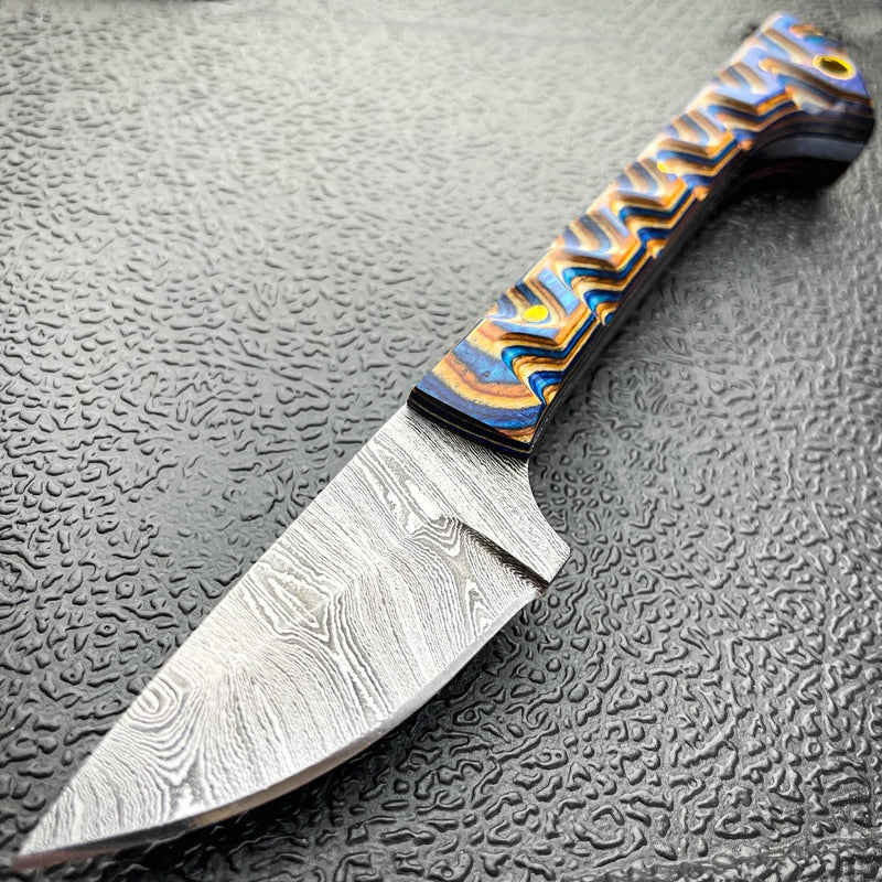6.6" Damascus Survival Fixed Blade Hunting PRIDEFUL FANG CAPING Skinner Knife - BLADE ADDICT