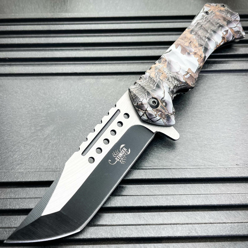 9" STINGER Tactical Tanto Survival Spring Assisted Open Folding Pocket Knife White - BLADE ADDICT