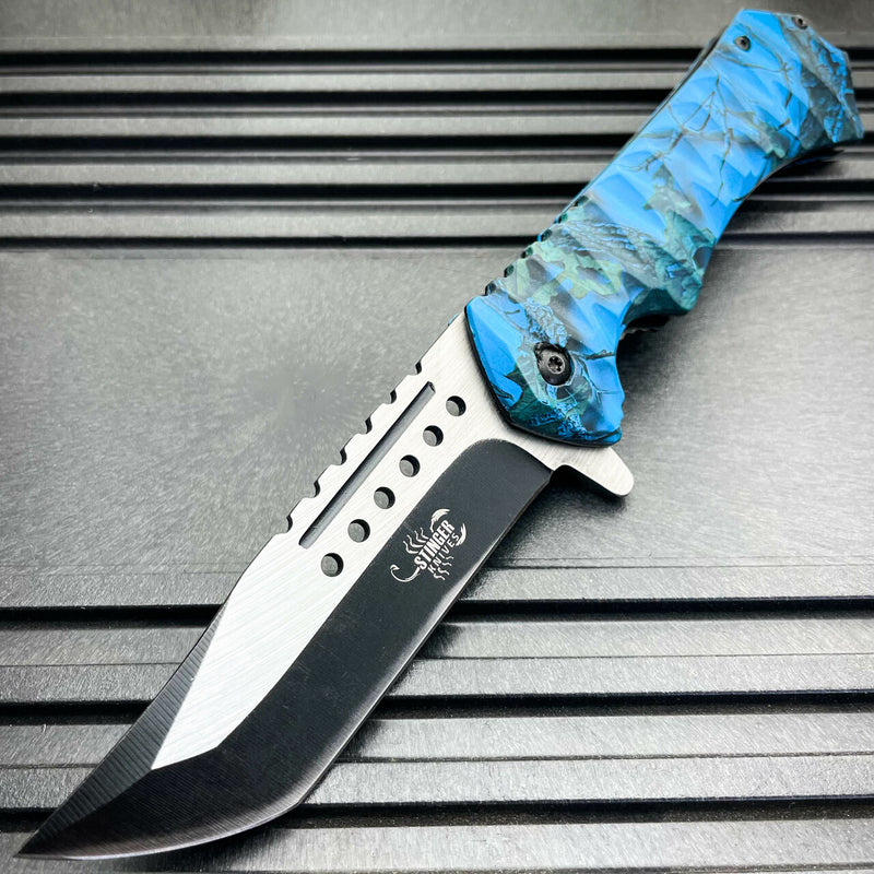 9" STINGER Tactical Tanto Survival Spring Assisted Open Folding Pocket Knife Blue - BLADE ADDICT
