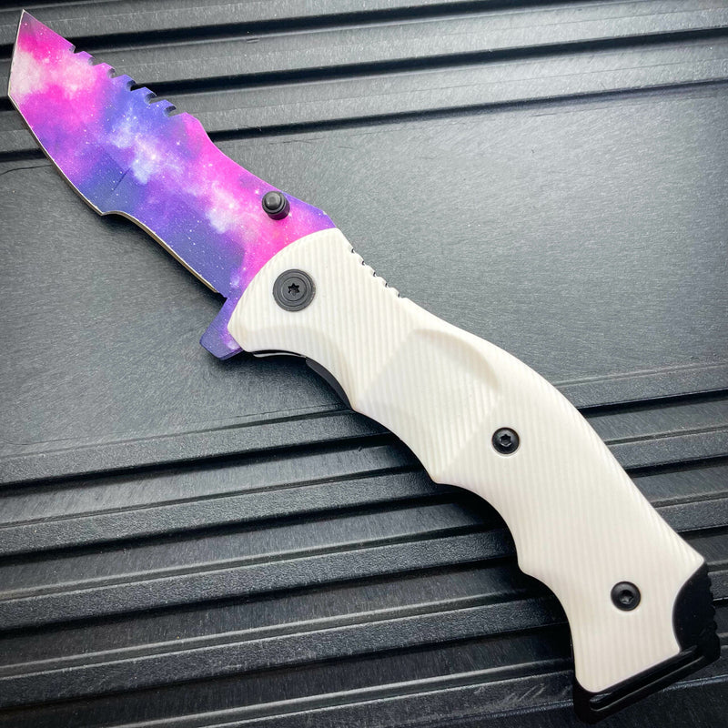 White Galaxy Spring Assisted Pocket Knife - BLADE ADDICT