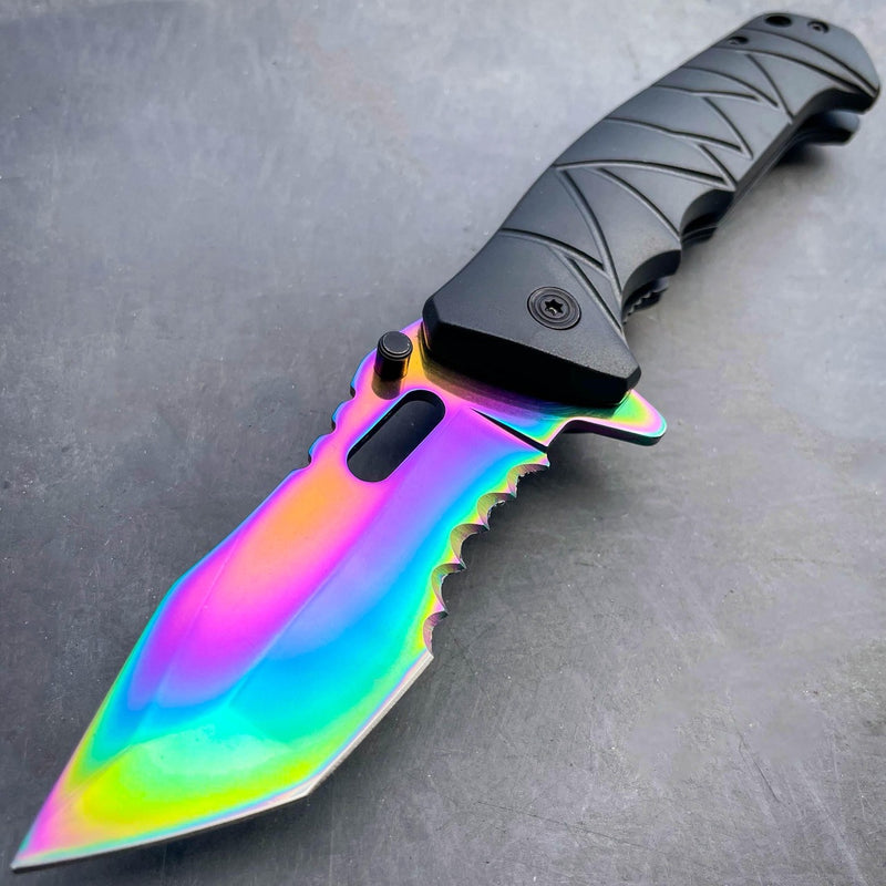 8" Military Spring Assisted Open Folding Pocket Knife Black w/ Rainbow - BLADE ADDICT