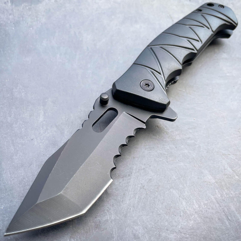 8" Military Spring Assisted Open Folding Pocket Knife Black - BLADE ADDICT