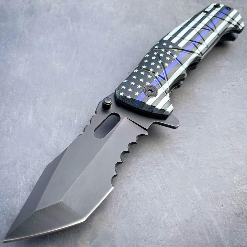 8" Military Spring Assisted Open Folding Pocket Knife Black/Blue Flag - BLADE ADDICT