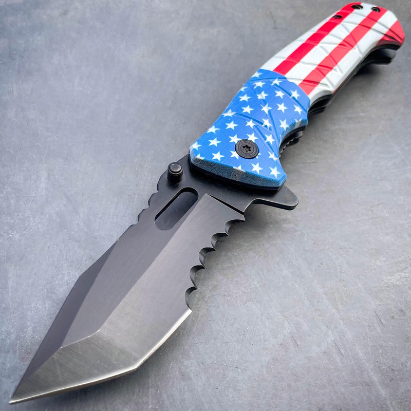8" Military Spring Assisted Open Folding Pocket Knife USA Flag - BLADE ADDICT