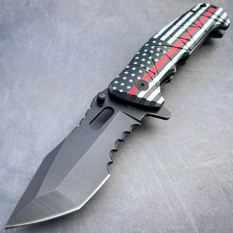 8" Military Spring Assisted Open Folding Pocket Knife Black/Red Flag - BLADE ADDICT