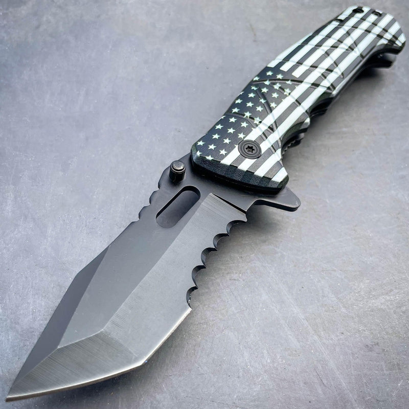 8" Military Spring Assisted Open Folding Pocket Knife Black/White Flag - BLADE ADDICT