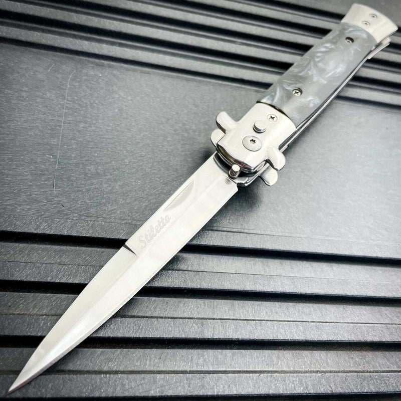 Classic Stiletto Switch Blade New Silver w/ Black Handle - BLADE ADDICT