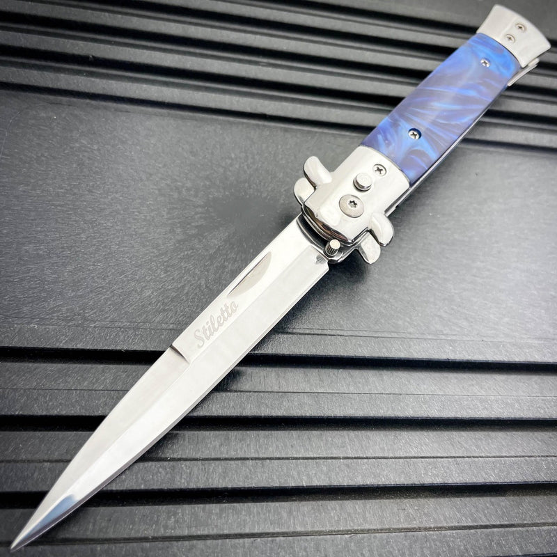 Classic Stiletto Switch Blade New Silver w/ Blue Handle - BLADE ADDICT