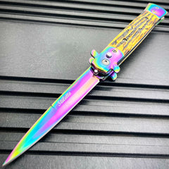Classic Stiletto Switch Blade New Rainbow w/ Stag Handle - BLADE ADDICT