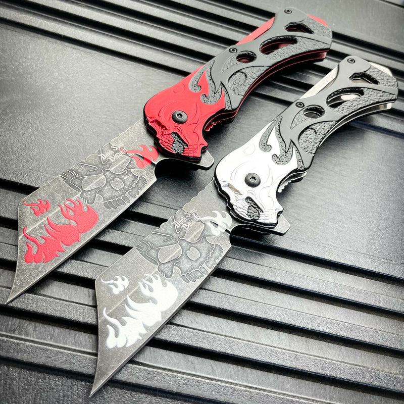 8.25" Skull Flame Spring Assisted Cleaver Blade FOLDING POCKET KNIFE Stonewash - BLADE ADDICT