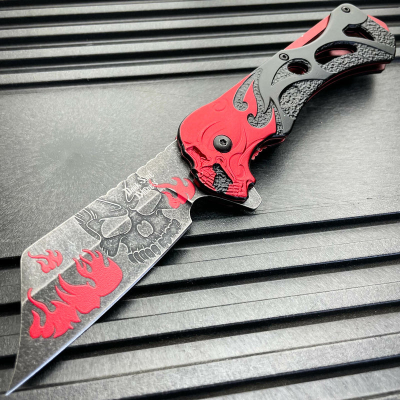 8.25" Skull Flame Spring Assisted Cleaver Blade FOLDING POCKET KNIFE Stonewash Red - BLADE ADDICT