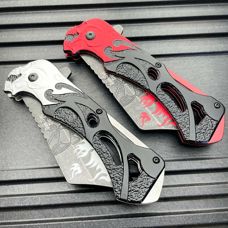 8.25" Skull Flame Spring Assisted Cleaver Blade FOLDING POCKET KNIFE Stonewash - BLADE ADDICT