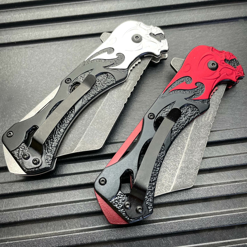 8.25" Skull Flame Spring Assisted Cleaver Blade FOLDING POCKET KNIFE Stonewash - BLADE ADDICT