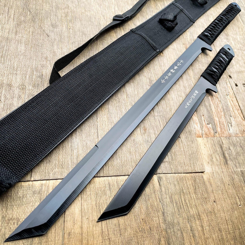2 PC Black NINJA MACHETE SWORD ZOMBIE TACTICAL SURVIVAL KNIFE Fixed Blade - BLADE ADDICT