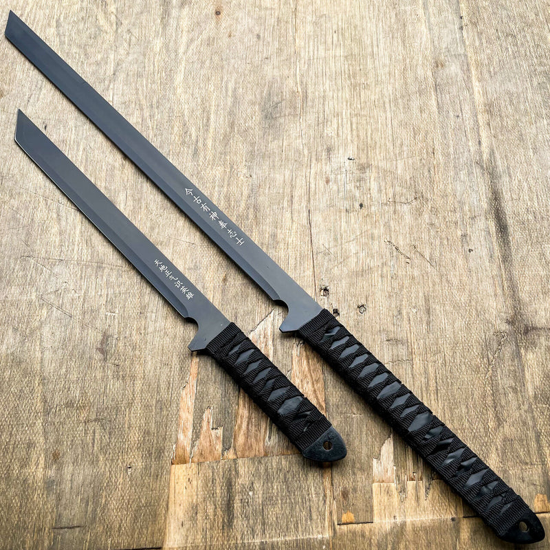 2 PC Black NINJA MACHETE SWORD ZOMBIE TACTICAL SURVIVAL KNIFE Fixed Blade - BLADE ADDICT