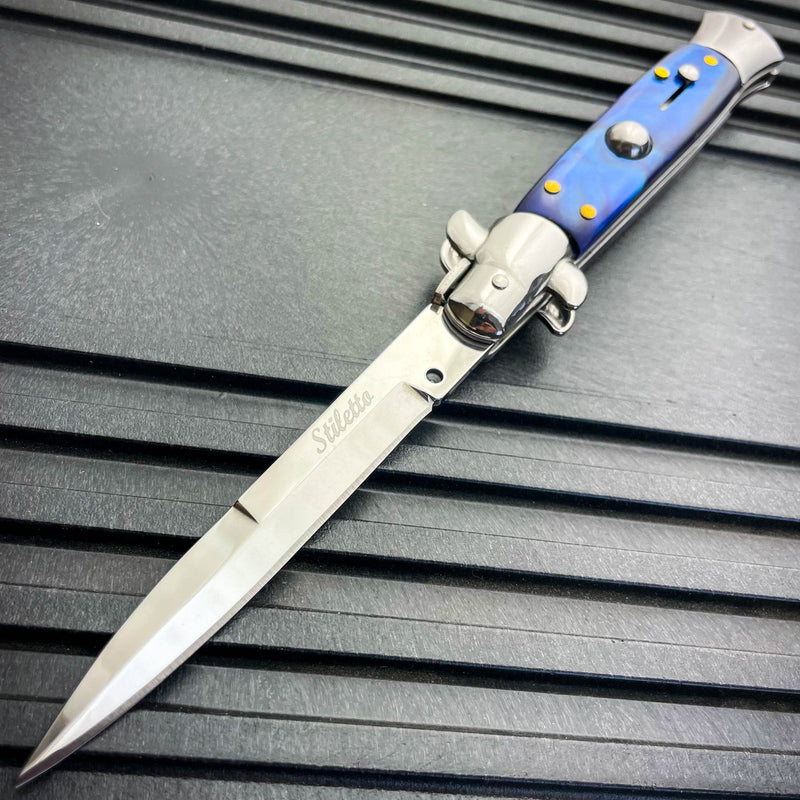 8.75" Italian Stiletto Switch Blade Pocket Knife Blue - BLADE ADDICT