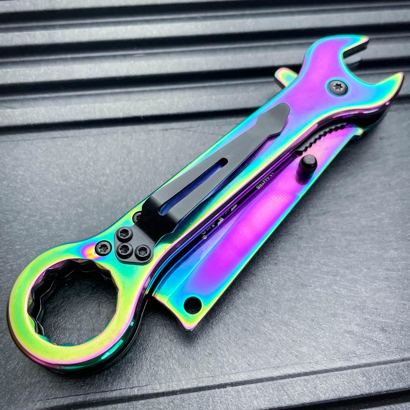 Multi-Tool Tanto Blade Spring Assisted Open Folding Pocket Knife Wrench Tool NEW Rainbow - BLADE ADDICT