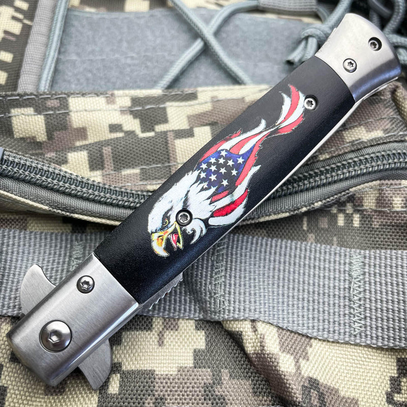 9" Eagle American USA Flag Tactical Spring Assisted Folding Pocket Knife Blade - BLADE ADDICT